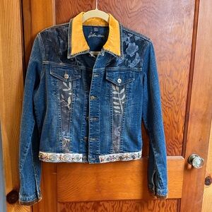 One of a kind denim jacket with velvet and silk embellishments